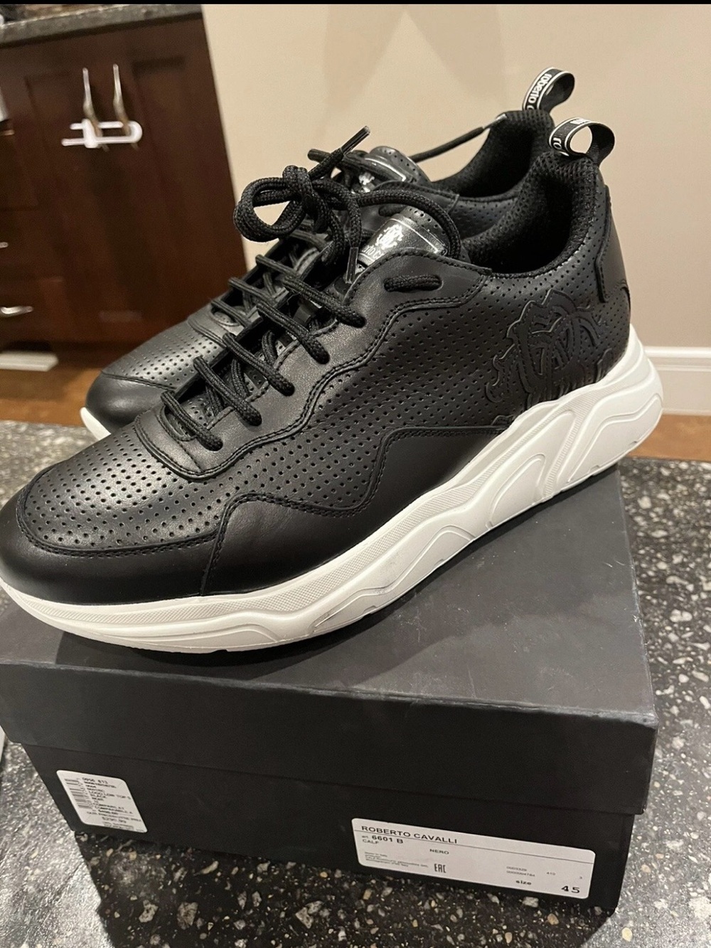 Roberto Cavalli Black Leather Perforated Lace-Up Sneakers with White Sole NEW